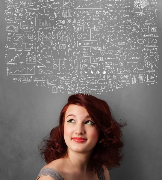 Young woman gesturing with sketched charts above her head — Stock Photo, Image