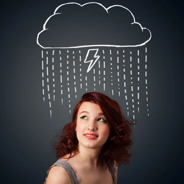 Jeune femme avec nuage de tonnerre au-dessus de sa tête — Photo