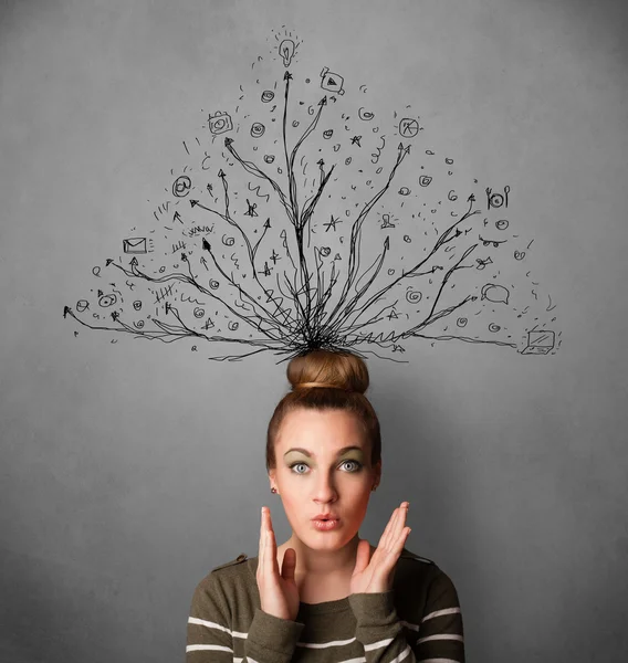 Young woman with tangled lines coming out of her head — Stock Photo, Image