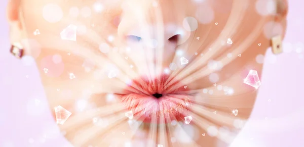 Beautiful girl mouth breathing abstract white lights and crystal — Stock Photo, Image