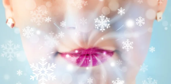 Pretty woman mouth blowing cold breeze — Stock Photo, Image