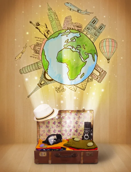 Luggage with travel around the world illustration concept — Stock Photo, Image