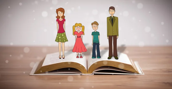 Tekening van een gelukkig gezin op geopend boek — Stockfoto