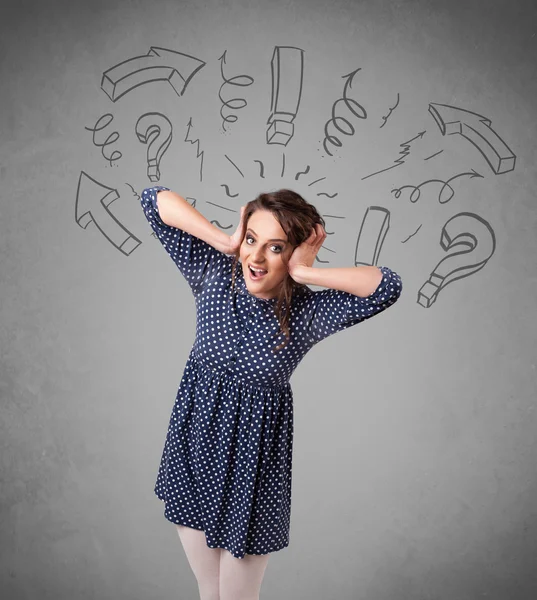 Cute young girl with question sign doodles — Stock Photo, Image