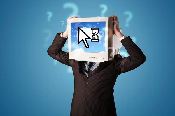 Person with a monitor head and cloud based technology on the scr — Stock Photo, Image