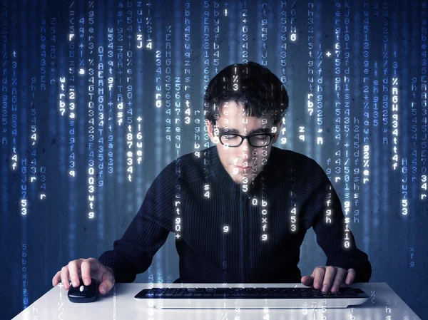 Hacker decoding information from futuristic network technology — Stock Photo, Image