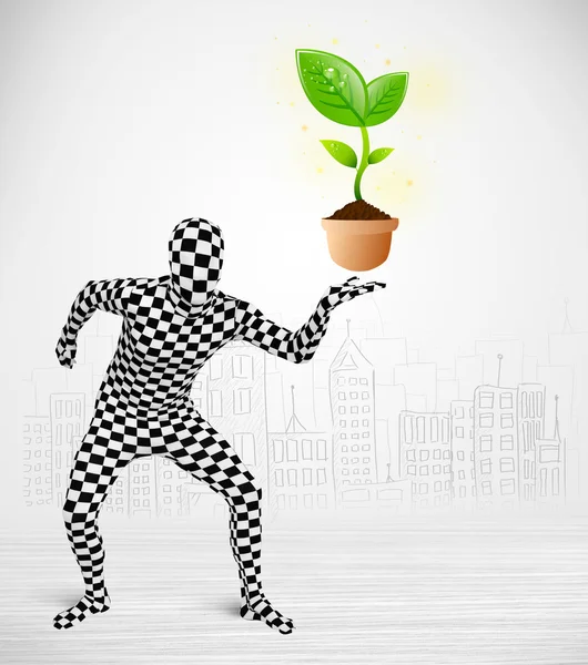 Man in full body suit with eco plant — Stock Photo, Image