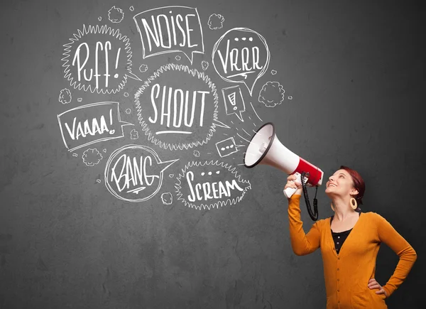 Girl yelling into megaphone and hand drawn speech bubbles come o — Stock Photo, Image