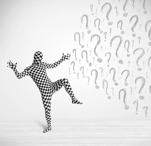 3d human character is body suit looking at hand drawn question m — Stock Photo, Image