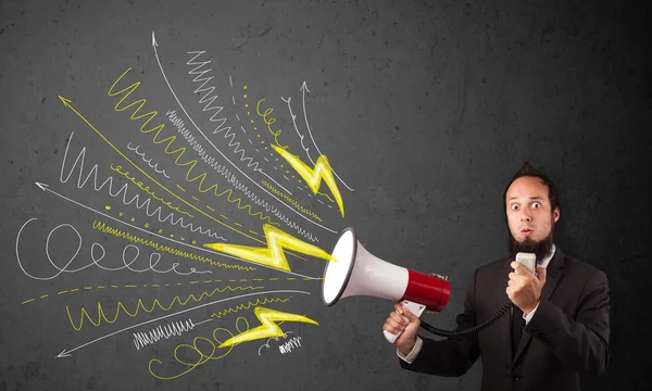 Leader guy shouting into megaphone with hand drawn lines and arr — Stock Photo, Image