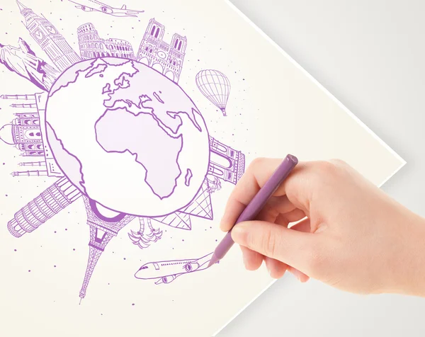 Hand drawing vacation trip around the earth with landmarks and c — Stock Photo, Image