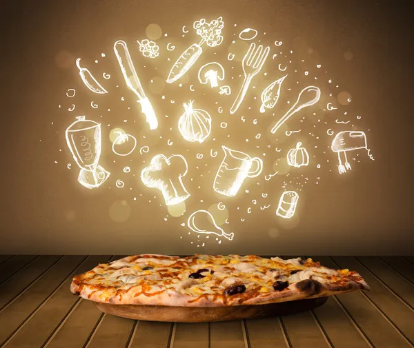 Pizza ile beyaz Restoran simgeler ve semboller — Stok fotoğraf