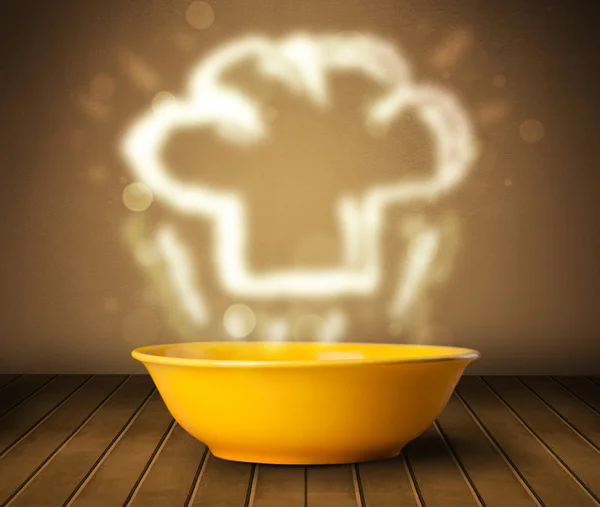 Cuenco de sopa con chef cocinero sombrero de vapor ilustración —  Fotos de Stock