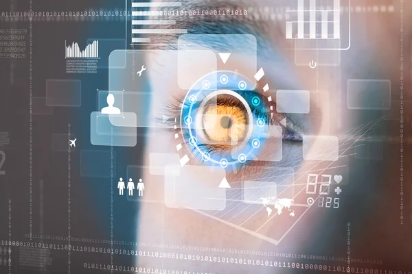 Futuristic modern cyber man with technology screen eye panel — Stock Photo, Image