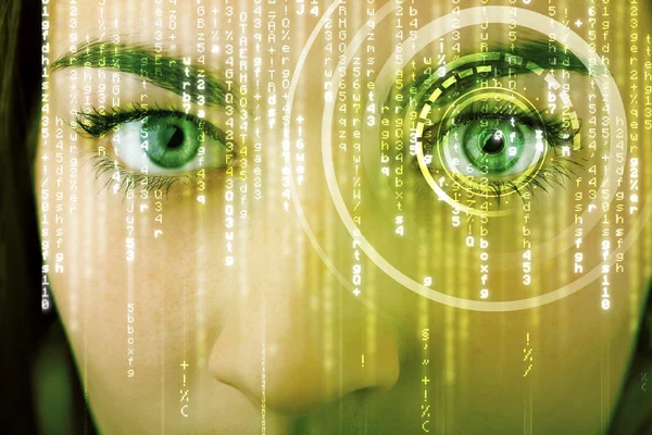 Moderne cyber vrouw met matrix oog — Stockfoto