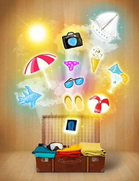 Tourist bag with colorful summer icons and symbols — Stock Photo, Image