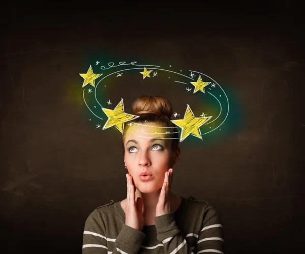 Girl with yellow stars circleing around her head illustration — Stock Photo, Image