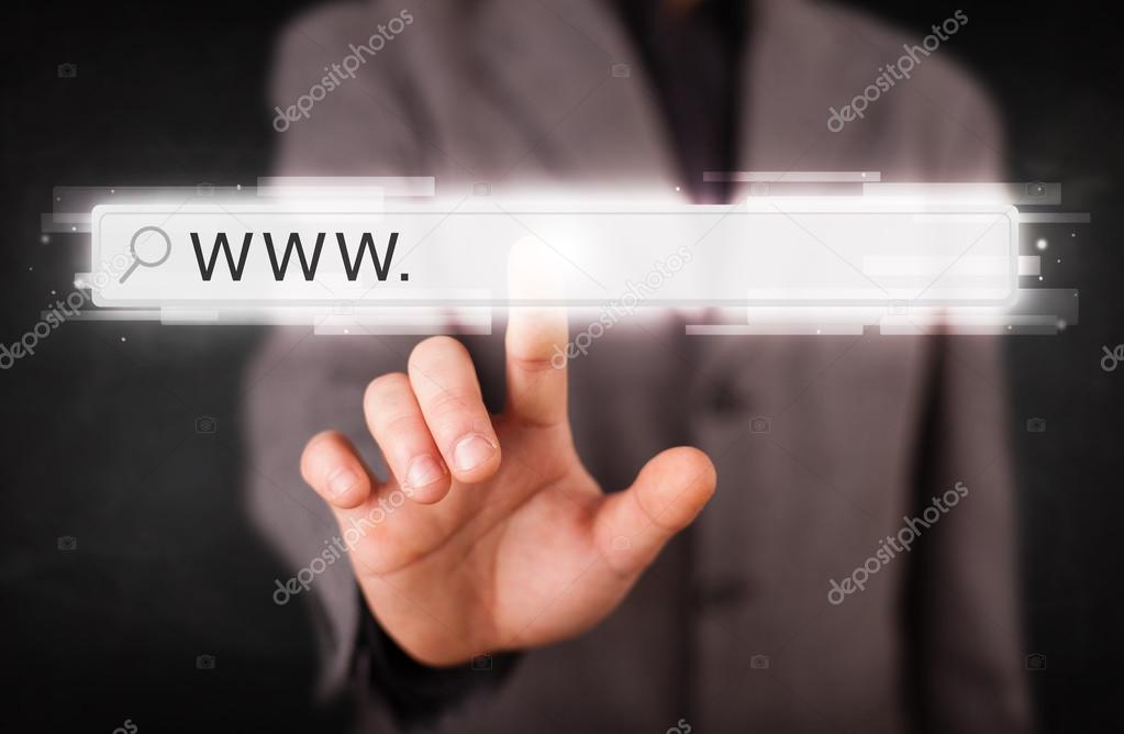 Young businessman touching web browser address bar with www sign