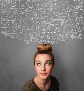 genç kadın başının üstünde kabataslak çizelgeleri ile el hareketi