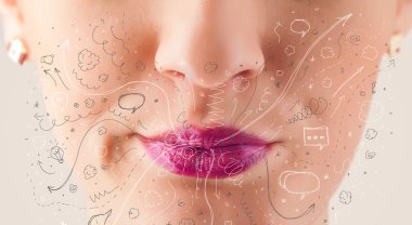 güzel kadın ağzı üfleme elle çizilmiş simgeler ve semboller