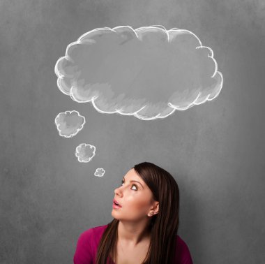 düşünceli kadın başının üstünde bulut ile