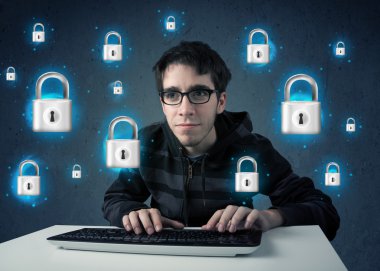 sanal kilit simgeleri ve simge ile genç hacker