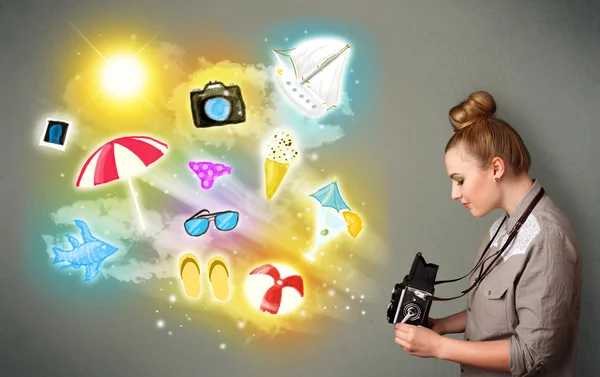 Teenage photographer making photos of holiday painted icons — Stock Photo, Image