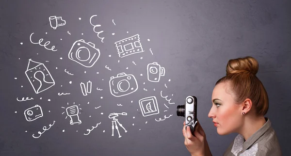 Photographer girl shooting photography icons — Stock Photo, Image