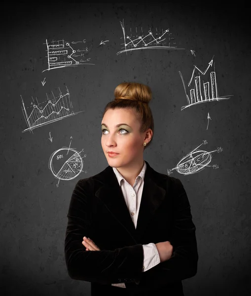 Young woman thinking with charts circulation around her head — Stock Photo, Image