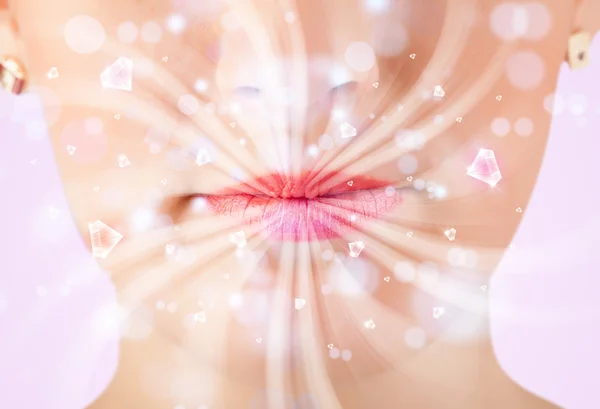 Beautiful girl mouth breathing abstract white lights and crystal — Stock Photo, Image