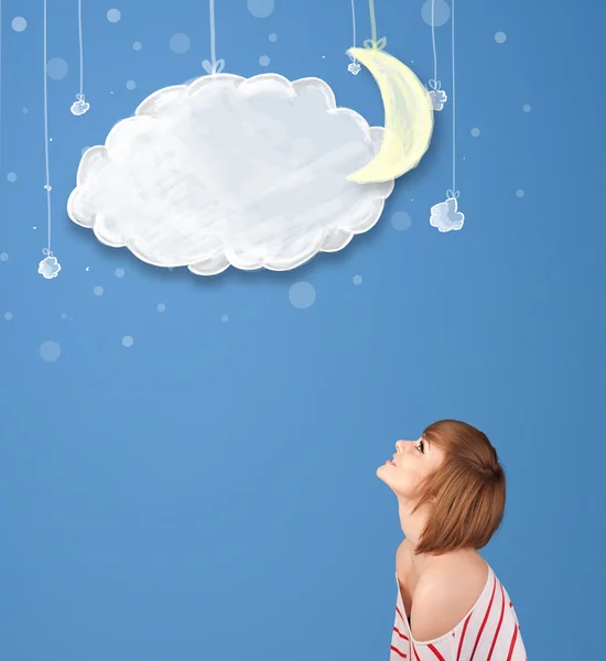 Jong meisje kijken naar cartoon nacht wolken met maan — Stockfoto