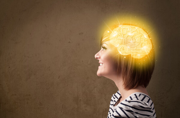 Young girl thinking with glowing brain illustration