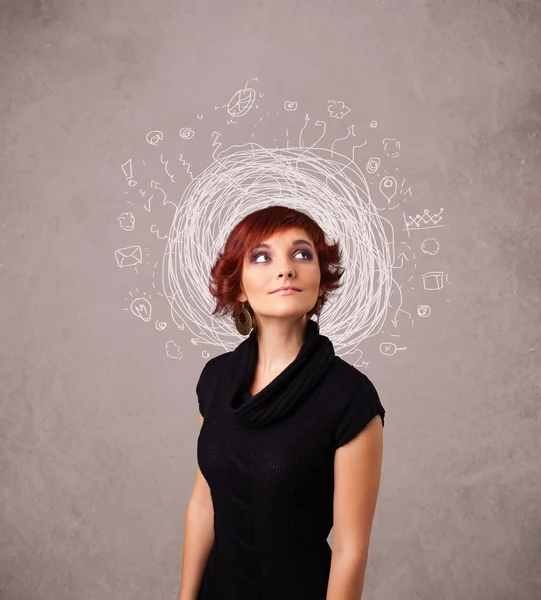 Pretty young girl with abstract circular doodle lines and icons — Stock Photo, Image