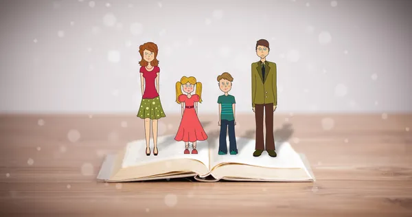 Drawing of a happy family on opened book — Stock Photo, Image