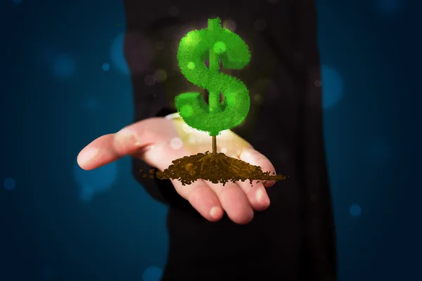 Молодой бизнесмен представляет зеленый светящийся знак доллара — стоковое фото