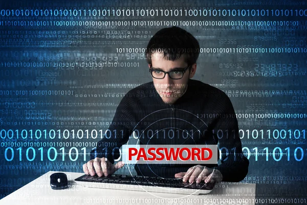 Young geek hacker stealing password — Stock Photo, Image