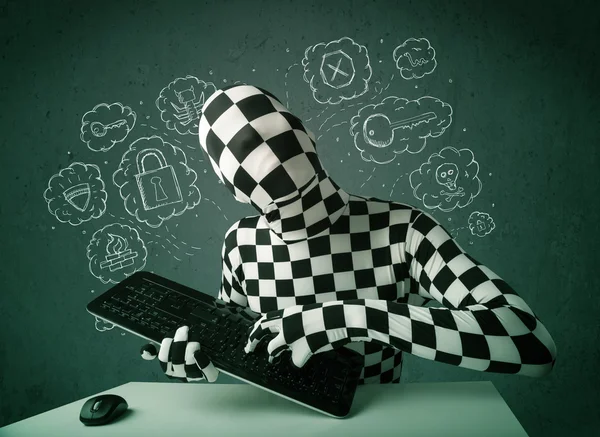 Hacker in mask morphsuit with virus and hacking thoughts — Stock Photo, Image