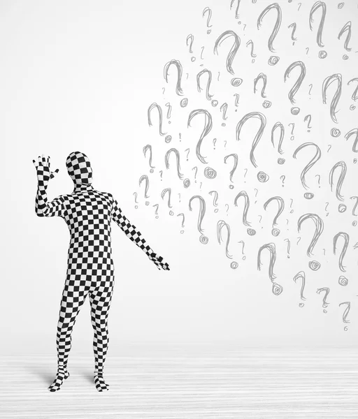 3d human character is body suit looking at hand drawn question m — Stock Photo, Image