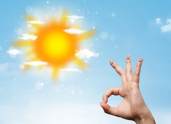 Cheerful finger smileys with bright sun and clouds illustration — Stock Photo, Image