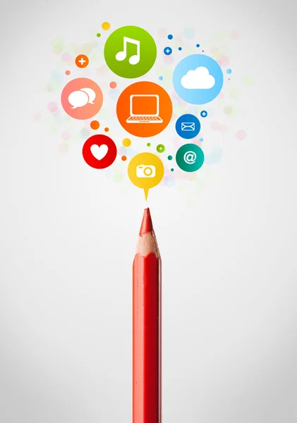 Pencil close-up with social network icons — Stock Photo, Image