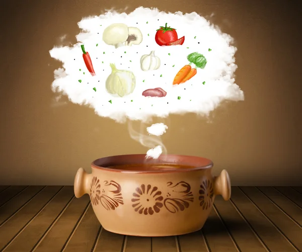 Skål soppa med vegetabiliska ingredienser illustration i molnet — Stockfoto