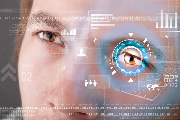 Futuristische moderne Cyber-Mann mit Technologie Bildschirm Auge Panel — Stockfoto