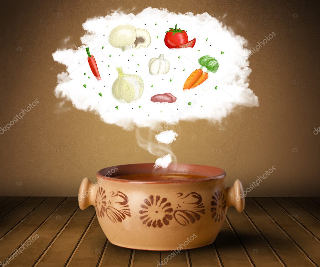 Bowl soup with vegetable ingredients illustration in cloud