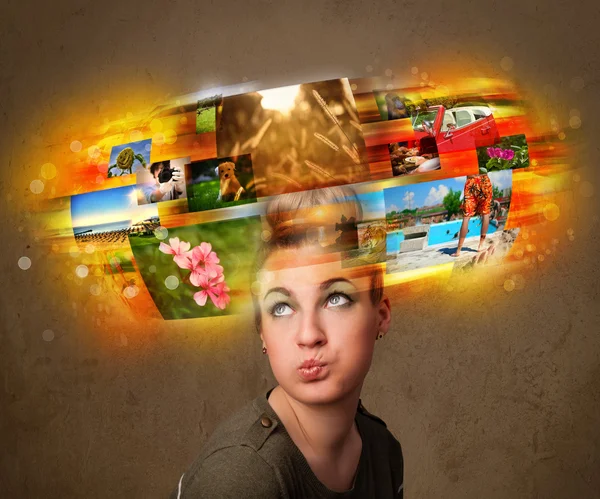 Girl with colorful glowing photo memories concept — Stock Photo, Image