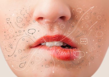 güzel kadın ağzı üfleme elle çizilmiş simgeler ve semboller