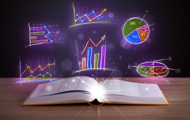 Parlak grafik çizimleriyle ahşap güvertede kitap