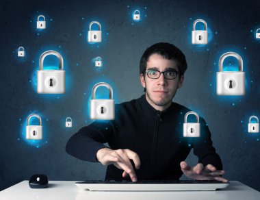 sanal kilit simgeleri ve simge ile genç hacker