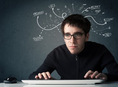 Beyaz çizgili düşünceleri olan genç bir hacker.