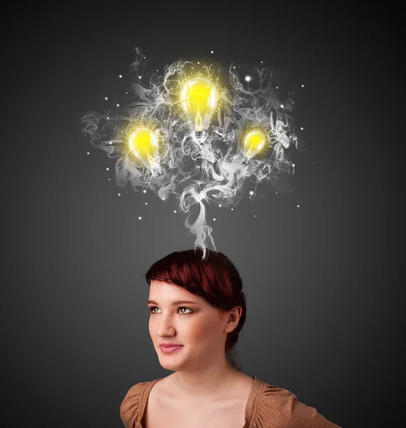 Thoughtful woman with smoke and lightbulbs above her head — Stock Photo, Image