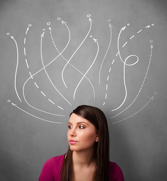 Young woman with arrows coming out of her head — Stock Photo, Image